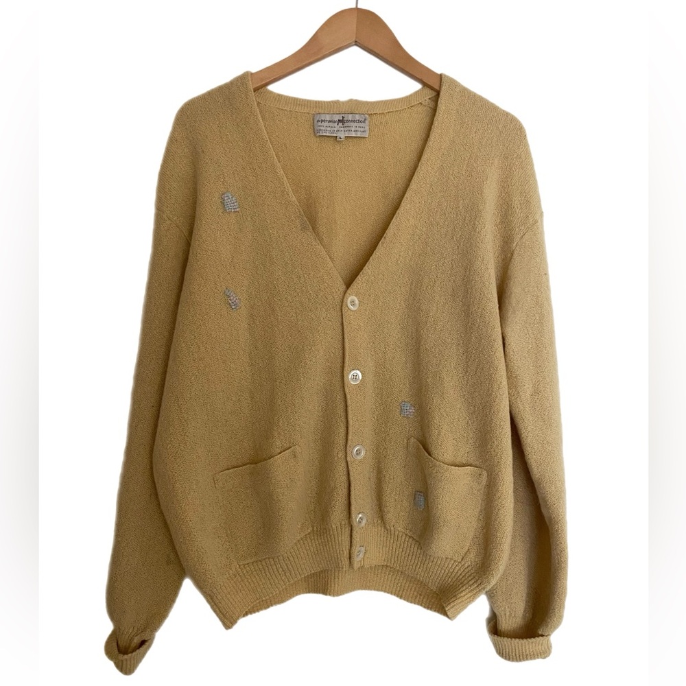 Peruvian connection Men’s Large Cardigan 100% Alpaca Buttons Grandpa Yellow Bode